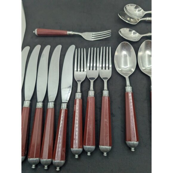 Laslo for Mikasa Silverware Plastic handle Burgundy faceted 17 Pieces HTF READ - Picture 3 of 16